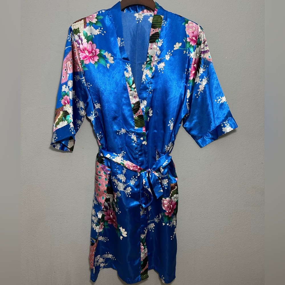 Floral Royal Blue Satin Kimono Robe for women size L. The Comfiest!